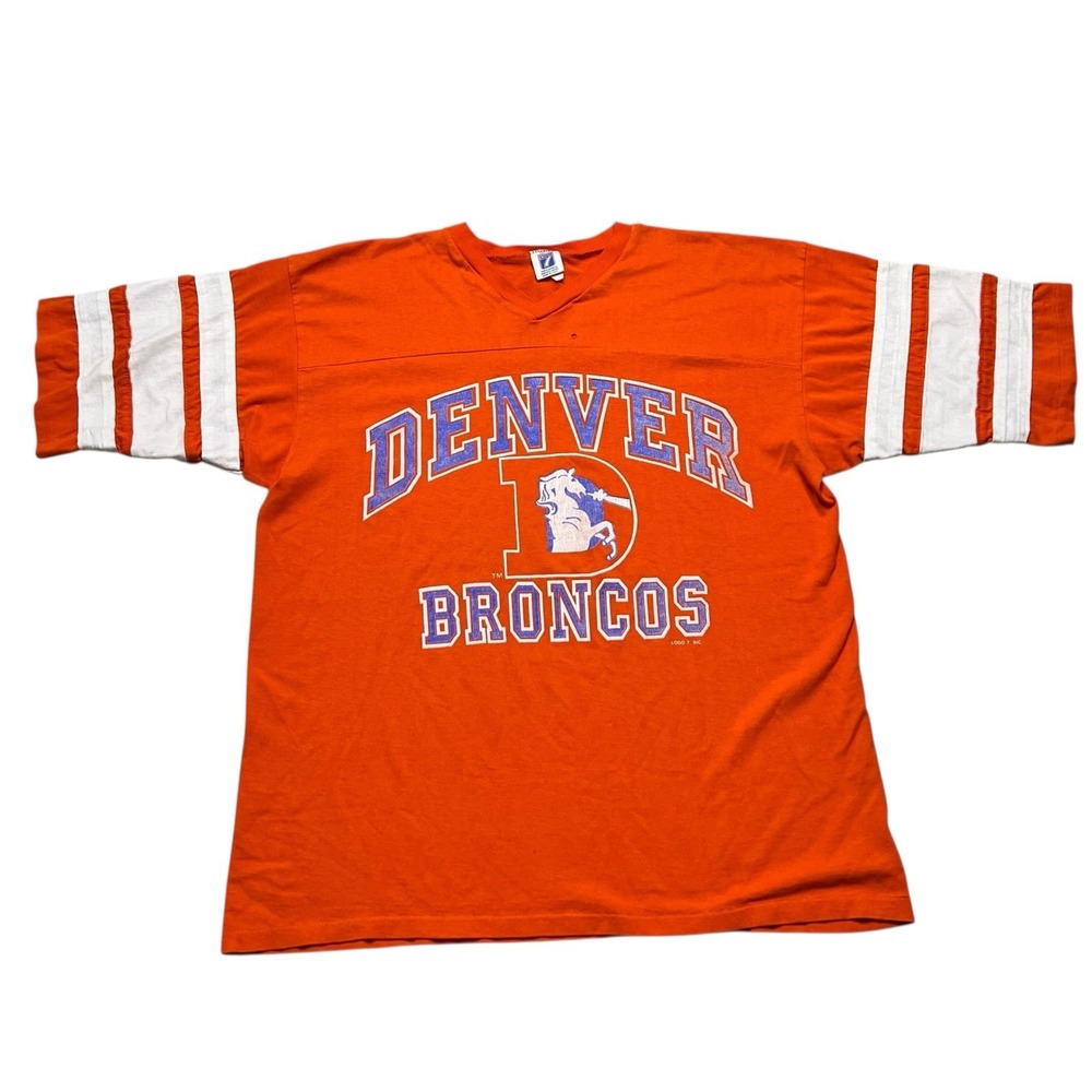 Logo 7 Denver Broncos Jersey Mens XL Orange Vintage 90s V-Neck‎ Striped Sleeve